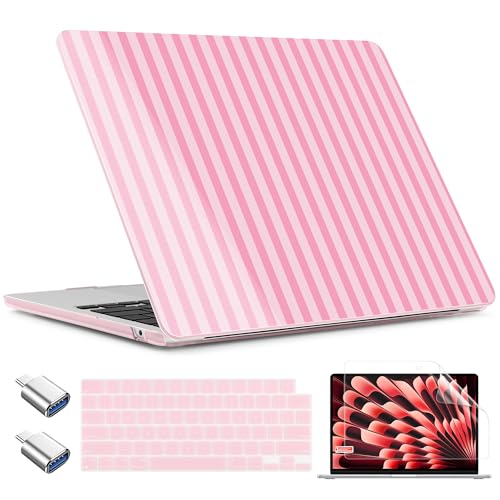 TWOLSKOO for MacBook Air 15 inch Case 2026 2025 2024 2023 Release M5 A3448 M4 A3241 M3 A3114 M2 A2941, Plastic Hard Shell & Screen Protector & Keyboard Cover & Type C Adapter, Pink Stripes - color: Pink Stripes