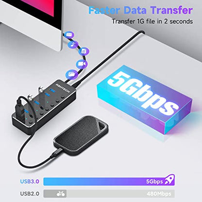Powered UBS Hub, RSHTECH 7 Port USB 3.0/USB C Hub Upgraded Version Aluminum USB Splitter with 2-in-1 USB Cable,5V 3A Power Adapter and Individual Switches, USB Port Expander for Laptop/PC, RSH-ST07 - size: 7-PortUSB 3.0/USB C Hub