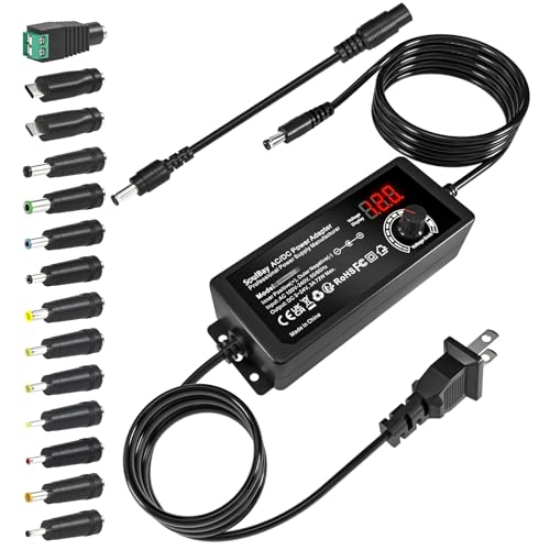 SoulBay 72W Universal Power Supply, 3V-24V 3A, Volt Display, 14 Tips | Adjustable AC/DC Adapter, Reverse Polarity Cable, 3000mA Max, For Household Electronics, LED Strips, Routers, Cameras