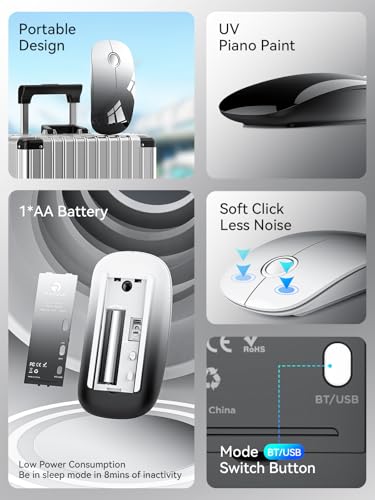 RAPIQUE Bluetooth Wireless Mouse, BT5.1＆ 2.4G Slim Dual Mode, White to Black - color: White to Black