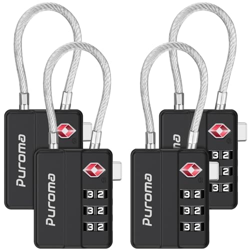 Puroma 4 Pack TSA Locks for Luggage Lightweight 4-Digit Code Padlock Black | TSA Approved, Resettable, Flexible Cable, Zipper holes, Bright Color, Large White Numbers, for Train Travel Suitcase Backpack