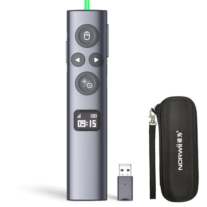 Norwii N95s Presentation Clicker for PowerPoint with Digital Laser Pointer | ①Magnify/Highlight/Air Mouse②TV Screen & Projector③OLED Battery Level Display④Vibration Countdown reminder⑤USB-C Rechargeable - color: Green - BLE&USB-A