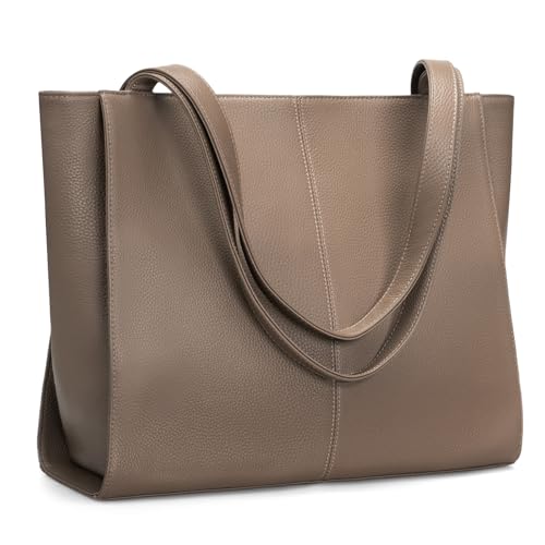 befen Genuine Leather Tote Bag for Women Work Travel Leather Purse Handbags | Real Leather, Padded 14" Laptop Compartment, Multi-Pockets, Zipper, Tote Bag for Daily - color: Dark Taupe