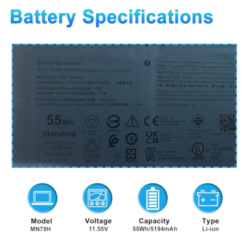 MN79H Laptop Battery Replacement for Dell XPS 9320, XPS 13 Plus 9320, XPS 13 9340, XPS9320-7523BLK-PUS XPS9320-7585SLV-PUS Series J7H5M 0J7H5M NXRKW 0NXRKW 2FVJM - size: 11.81*4.33*1.97inch MN79H