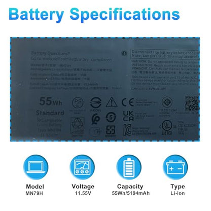 MN79H Laptop Battery Replacement for Dell XPS 9320, XPS 13 Plus 9320, XPS 13 9340, XPS9320-7523BLK-PUS XPS9320-7585SLV-PUS Series J7H5M 0J7H5M NXRKW 0NXRKW 2FVJM - size: 11.81*4.33*1.97inch MN79H