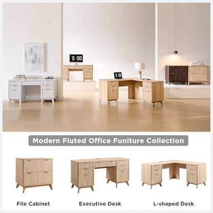 T4TREAM Fluted Executive Desk with Drawers, 60" Modern Home Office Computer Desk with Charging Station, File Cabinet, Keyboard Tray and Storage Cabinet for Study, Living Room, Bedroom, Natural Oak - color: Natural Oak