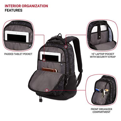 SWISSGEAR Cecil Laptop Backpack, Fits Most 16-Inch Laptops, Three-Compartment Design, Airflow Back Panel, Black, 27.3L, 18-Inch - color: Black Cod/Camo