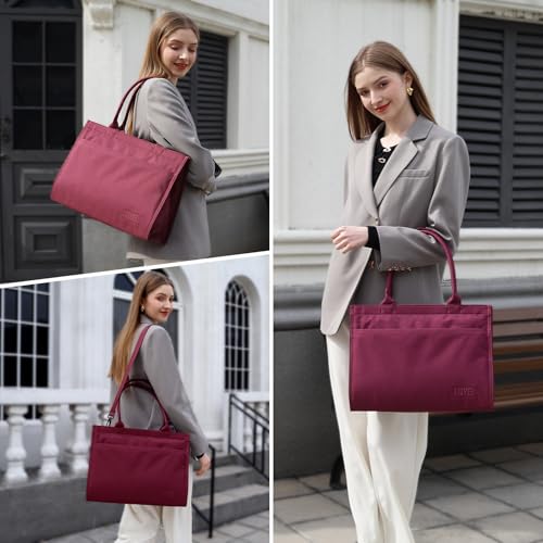 Laptop Tote Bag for Women, Large Canvas Totes with Zipper and Key Fob, Work School Bag Travel Bag Teacher Nurse Purse - color: Wine