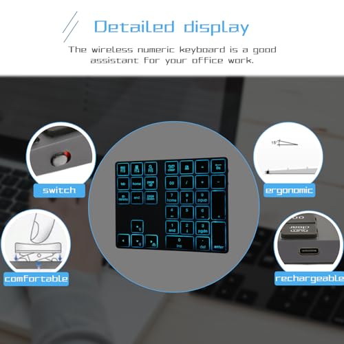 EBTOOLS Bluetooth Number Pad, Rechargeable 34 Key Numeric Keypad with 7 Color Backlit, Mini External Keyboard, Complement to Laptop, for OS