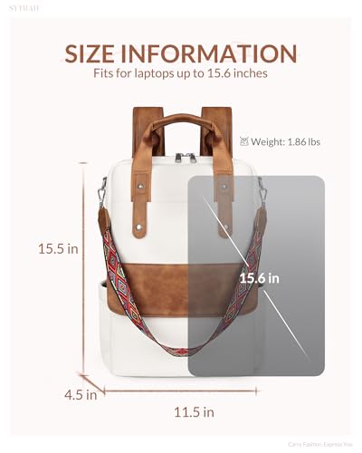 Leather Laptop Backpack 15.6 inch Womens Computer Bag Beige | 3-in-1 laptop purse: Dedicated 15.6" Compartment, 7-Pocket Organizer, Colorful Shoulder Strap, Work & Travel Ready - color: Beige Brown