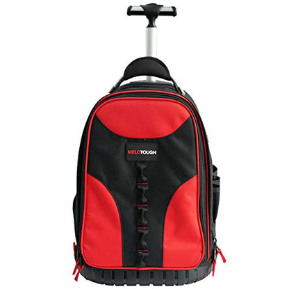 MELOTOUGH Wheeled Rolling Tool Backpack Heavy Duty Red | Heavy-Duty 600D, Red Polyester, Padded Laptop Sleeve, 37 Pockets for Tools, Smooth Rolling Wheels, Telescoping Handle - color: Red
