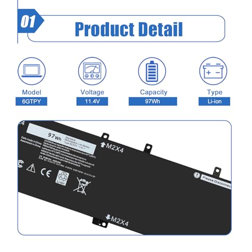 97Wh 6GTPY Laptop Battery Replace for Dell XPS 15 9570 9560 9550 Precision 5510 5520 5530 Vostro 7500 7590 Series Laptop 5041C 05041C 5D91C 5XJ28 GPM03 4GVGH 6-Cell - size: 11.22*4.92*0.33 inch 6GTPY