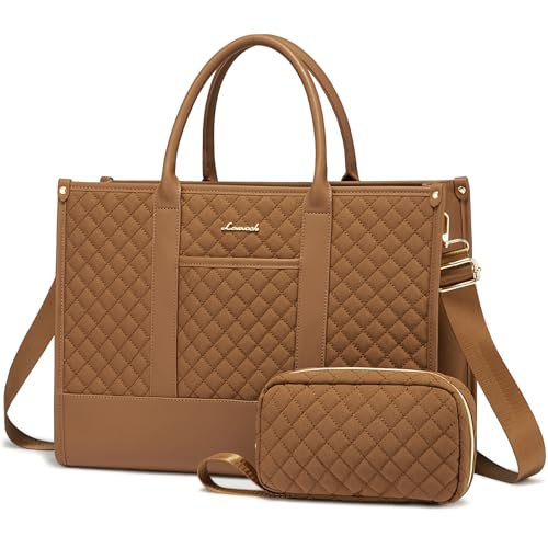 LOVEVOOK Laptop Bags for Women, 15.6 inch Waterproof Work Tote Bag with Clutch, Professional Teacher Computer Purse Lightweight Shoulder Bag Travel, Quilted Brown - color: Brown, size: 15.6 inch
