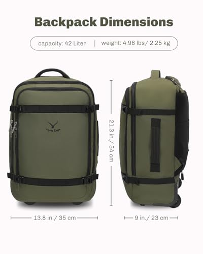 Hynes Eagle Rolling Backpack 42L Backpack with Wheels Airline Approved Carry on Luggage Laptop Travel Suitcase Bag for Women Men Dark Green - color: Dark Green