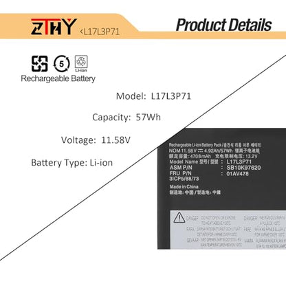 ZTHY L17L3P71 L17M3P72 Laptop Battery Replacement for Lenovo ThinkPad T480S | Ultrabook 20L7 20L8 Series L17M3P71 L17S3P71 01AV478 01AV479 01AV480 SB10K97620 SB10K97621 SB10K97622 20L8S02E00 20L7001VPB - size: 10.35*3.54*0.20inch L17L3P71