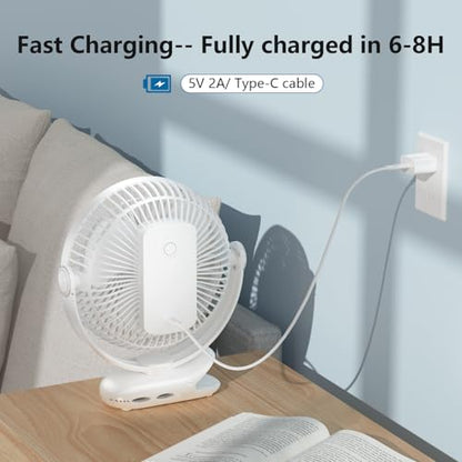 10000mAh 30hrs Rechargeable Clip on Fan, 8 Inch Battery Operated Fan Portable, 4 Speeds, Sturdy Clamp, Quiet USB Fans for Golf Cart Desk Treadmill Camping Truck Outdoor Travel Office, White - color: White