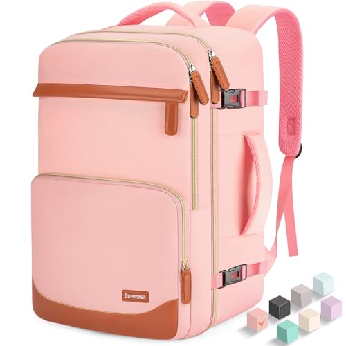 40L Travel Backpack, Flight Approved Carry On Laptop Backpack | Water-resistant, Personal Item Travel Bag, Fits 15.6/17.3 inch Laptop, Hiking, Camping, Business, Commute, Men & Women - color: Pink, size: Large