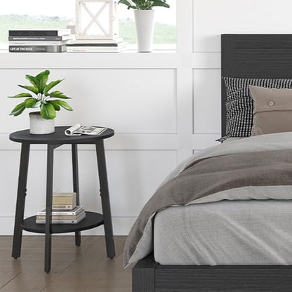 sthmec Side Table Set of 2, Small Round End Table with Storage Shelf for Small Space, 2-Tier Black Bedside Table Sofa Couch Table, Nighstands Set of 2 Accent Table for Living Room, Bedroom, Black - color: Black