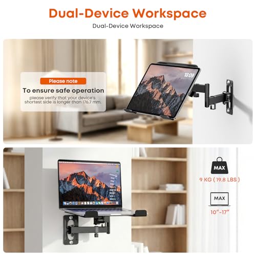 PUTORSEN 2-in-1 Laptop Wall Mount for 10-17" Notebooks & 32" Screens | Full Motion Adjustable Laptop Arm with Detachable Tray, Holds 4.4-19.8 lbs, Swivel & Tilt, Easy to Install, Black