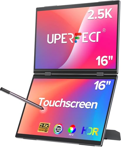 UPERFECT Delta Pro Touch Portable Monitor, 16" 2K Laptop Screen Extender, Touchscreen Dual Monitor with Stylus, First Pressure-Sensitive Touch Display, Stacked Folding Vertical Dual Screen with Stand - size: 16"