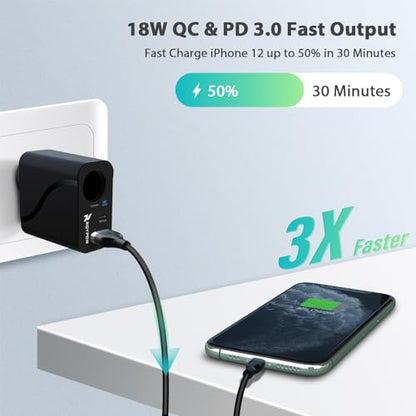 RoyPow AC to DC Converter, 110V/120V to12V Converter, 36W USB C Charger with Car Cigarette Lighter Socket, 3-Ports Wall Charger 18W PD3.0 Travel Plug 110V/120V to 12V/3A Power Adapter for iPhone, iPad - size: 12V/3A