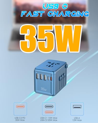 Universal Travel Adapter, 35W PD Fast Charging for Europe UK US Japan | 2 USB C 3 USB A & 2500W AC Outlet, International Power Adapter for 200+ Countries, Compatible for iPhone, MacBook, Tablet - color: PD35W-3A2C-metallic blue