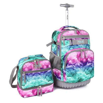 Tilami Rolling Backpack 19 inch with Lunchbox Wheeled Laptop Backpack, Clouds Green - color: Clouds Green