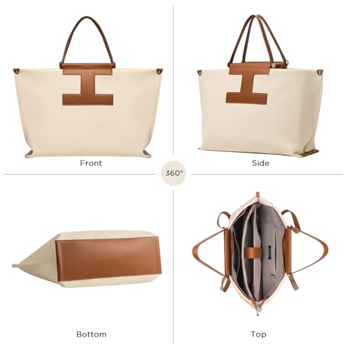 CHUNLI 15.6" Laptop Tote for Women - Lightweight Canvas-Textured Leather Work Bag, Structured Business Briefcase, Teacher - color: Beige & Brown