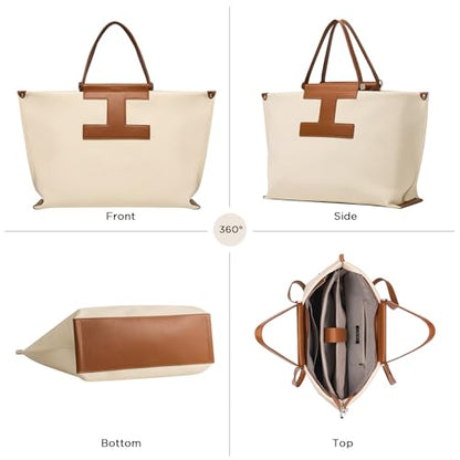 CHUNLI 15.6" Laptop Tote for Women - Lightweight Canvas-Textured Leather Work Bag, Structured Business Briefcase, Teacher - color: Beige & Brown