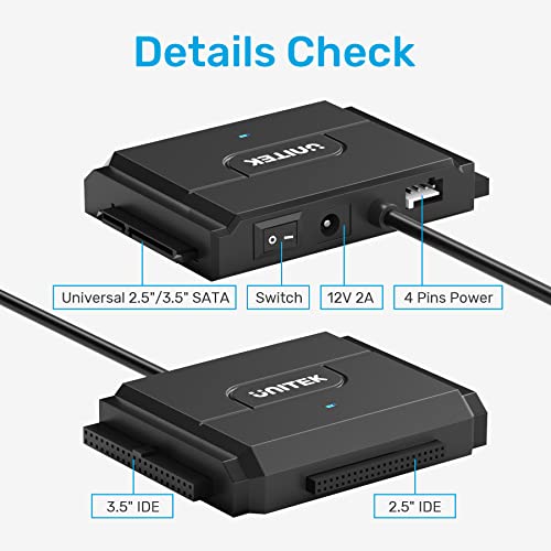 Unitek IDE/SATA USB-C 3.0 Adapter, Little Triangle, 10TB, 6Gbps, Tool-Free | Simultaneous 1 SATA + 1 IDE Access; For 2.5/3.5" IDE/SATA, Optical; Plug & Play, Hot-Swap, Auto Sleep; 12V Adapter Included - color: USB C