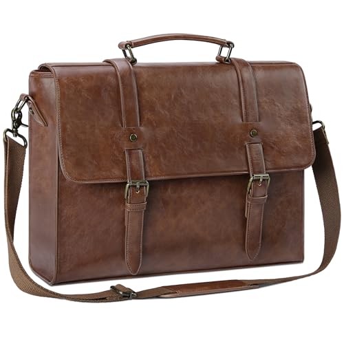 Leather Mens Messenger Bag Vintage 15.6 Inch Waterproof Leather Laptop Briefcase Satchel Shoulder Bag Computer Laptop Bag, Dark brown - color: Dark Brown