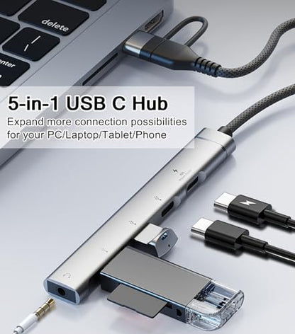 USB C Hub USB 3.0 Hub with 3.5mm Headphone Aux Jack, 5-in-1 USB C to USB Adapter USB C Splitter with 15W PD, USB 3.0, USB 2.0, USB C Ports, USB C Dongle for MacBook Air/Pro,XPS,iMac,iPad Pro