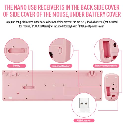 Wireless Silent Keyboard and Mouse Combo, Ultra-Slim Sleek Design Full-Sized Wireless Keyboard and Adjustable DPI Mouse, 2.4GHz USB Receiver for PC, Windows, MAC, Desktop, Laptop (Pink)