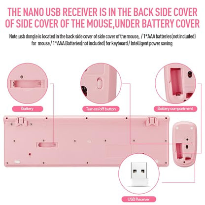 Wireless Silent Keyboard and Mouse Combo, Ultra-Slim Sleek Design Full-Sized Wireless Keyboard and Adjustable DPI Mouse, 2.4GHz USB Receiver for PC, Windows, MAC, Desktop, Laptop (Pink)