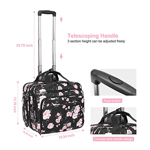 MOSISO Rolling Briefcase Laptop Bag for Women, Wheel Briefcase Teacher Bag for 15.6 inch with Coded Lock, Overnight Camellia Rolling Computer Bag on 2 Wheels with Belt for Work Travel Business, Black