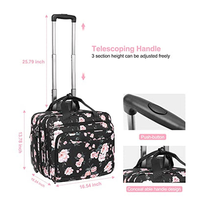 MOSISO Rolling Briefcase Laptop Bag for Women, Wheel Briefcase Teacher Bag for 15.6 inch with Coded Lock, Overnight Camellia Rolling Computer Bag on 2 Wheels with Belt for Work Travel Business, Black