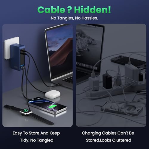 120W USB C Charger Block with 2 Built-in Retractable Cables,4-in-1 GaN IV Foldable Plug Wall Charger Fast Charging Station,PD 65W Laptop Adapter for Macbook/iPad,iPhone 17/16/15/14,Android (Dark Blue) - color: Dark Blue