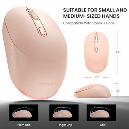 TECKNET 3-Device Portable Wireless Bluetooth Mouse for Laptop Pink | Silent Click, Ambidextrous Ergonomic Desigm, Adjustable 4800 DPI, Wide Compatibility for Laptop, PC, iPad, MacBook - color: Pink
