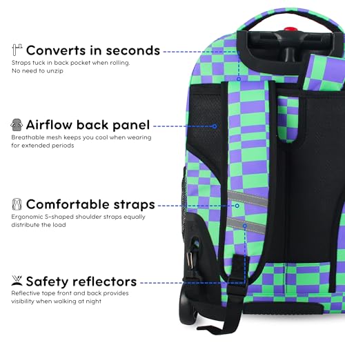 J World Sundance Laptop Rolling Backpack for Girls Boys. Roller Bookbag with Wheels, 20 Inch, Pixel Checkers - color: Pixel Checkers