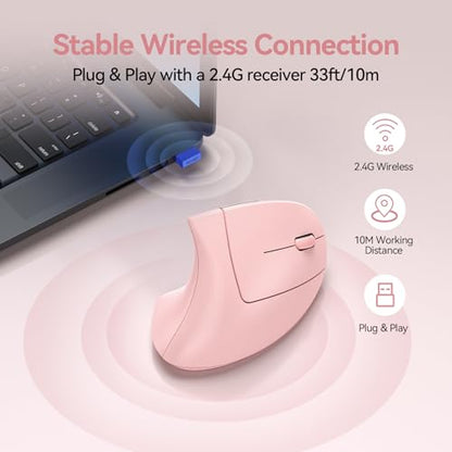 TECKNET Wireless Ergonomic Mouse, Rechargeable Wireless Vertical Mouse | Rechargeable Mouse Pink, 2.4GHz USB Receiver, Silent Click, 6 Adjustable DPI up to 4800, 6 Buttons for Laptop, PC & MacBook, - color: Pink