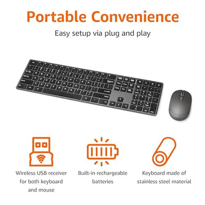 Amazon Basics Ultra Premium Wireless Keyboard and Mouse Combo, Rechargeable, Full-Size with Number Pad, Sleek Design, Plug and Play, Quiet Typing, 2.4GHz USB Receiver, Black - size: QWERTY