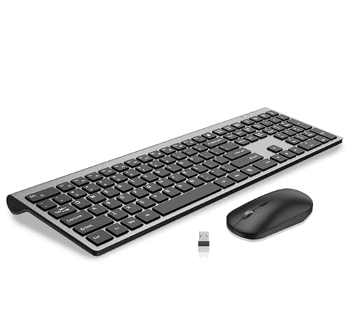 Full Size Slim Computer Keyboard and Mouse Wireless with 2.4Ghz Dongle | Silent Flat Keyboard and Optical Mouse, Sleek Design, Quiet Click, Invisible Light Design, for Laptop PC Desktop Windows Mac - color: KM480-Gray&Black