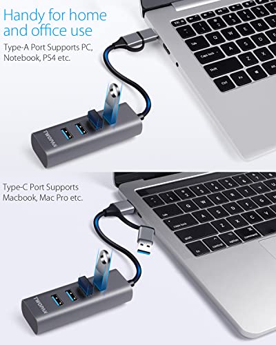 TWOPAN 4-Port USB 3.0 Hub for Laptop, Aluminum Alloy, USB-A & USB-C Plugs, 5Gbps Data Transfer, Compatible with MacBook Pro/Air, iMac, iPhone 16/15, Desktops, Tablets, Keyboard, Mouse, Mobile HDD - color: Grey AC