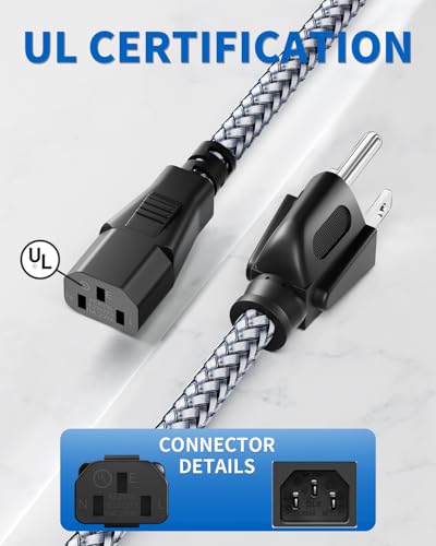 UL Certified Power Cord - 3 Pin AC Power Cable, 16.4FT / 5m, Nylon Braided, 10A 18AWG, Universal Power Cable for Computer, Monitor, Printer - size: 16.4 ft (5 m)
