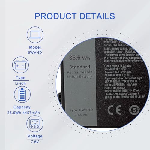 JOTACT 6WVHD 35.6Wh Laptop Battery Replacement for Dell Latitude 7230 Rugged Extreme Tablet T06H 06H001 Series Notebook 0VDDJY 0JM6CX 451-BDDY FNW8F VDDJY JM6CX 7.6V 4457mAh - size: 4.11*2.48*0.37inch 6WVHD
