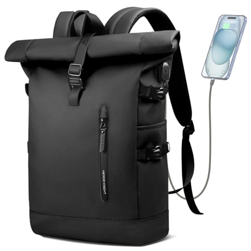 Rolltop Backpack, 15.6 Inch Waterproof Laptop Backpack with USB Charging Port, Expandable 18-27L Travel Backpack for Men Women, Casual Daypack for Work Business College-Black - color: Black