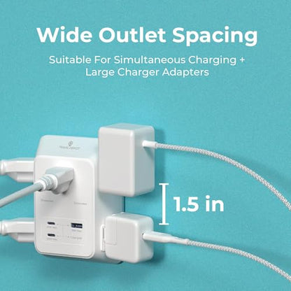 PD USB Wall Charger Surge Protector, 5 Outlet, (White) | Extender 2 USB C & 1 USBA Charging Ports, Fast Charge 3 Sided Power Strip Multi Plug Outlets Wall Adapter for Home Office - color: White
