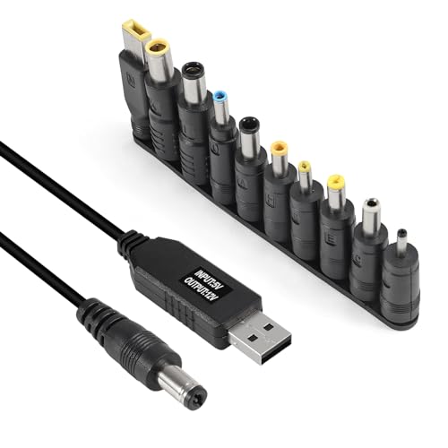 AITRIP 10pcs/Set DC 5.5X 2.1mm Female Right Angle Jack Plug Adapter Connectors to Universal Male Plug Power Adaptor with USB to DC Power Cable 5V to 12V Boost Converter for Laptop Notebook - color: 10-in-1