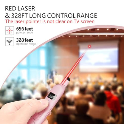 N21 Bluetooth Presentation Clicker for PowerPoint with Retractable Pointer | ①Red laser ②Telescopic touch pen ③Countdown timer, vibration alert ④Customizable Button ⑤Rechargeable, battery level display - color: Pink - Red Pointer