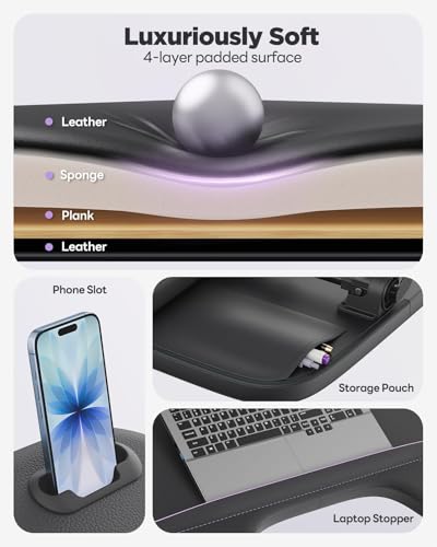 SAIJI Laptop Lap Desk for Bed & Couch with Soft Armrest, Bed Desk Table | Ergonomic Curved Design, Soft Padded Armrests, Height & tilt angles Adjustable, Foldable & Versatile Surface - color: Black